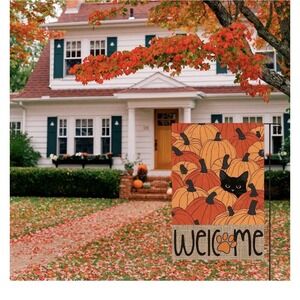 Autumn Black Cat Pumpkin Flag Double Sided Outdoor Welcome 38x26 NEW